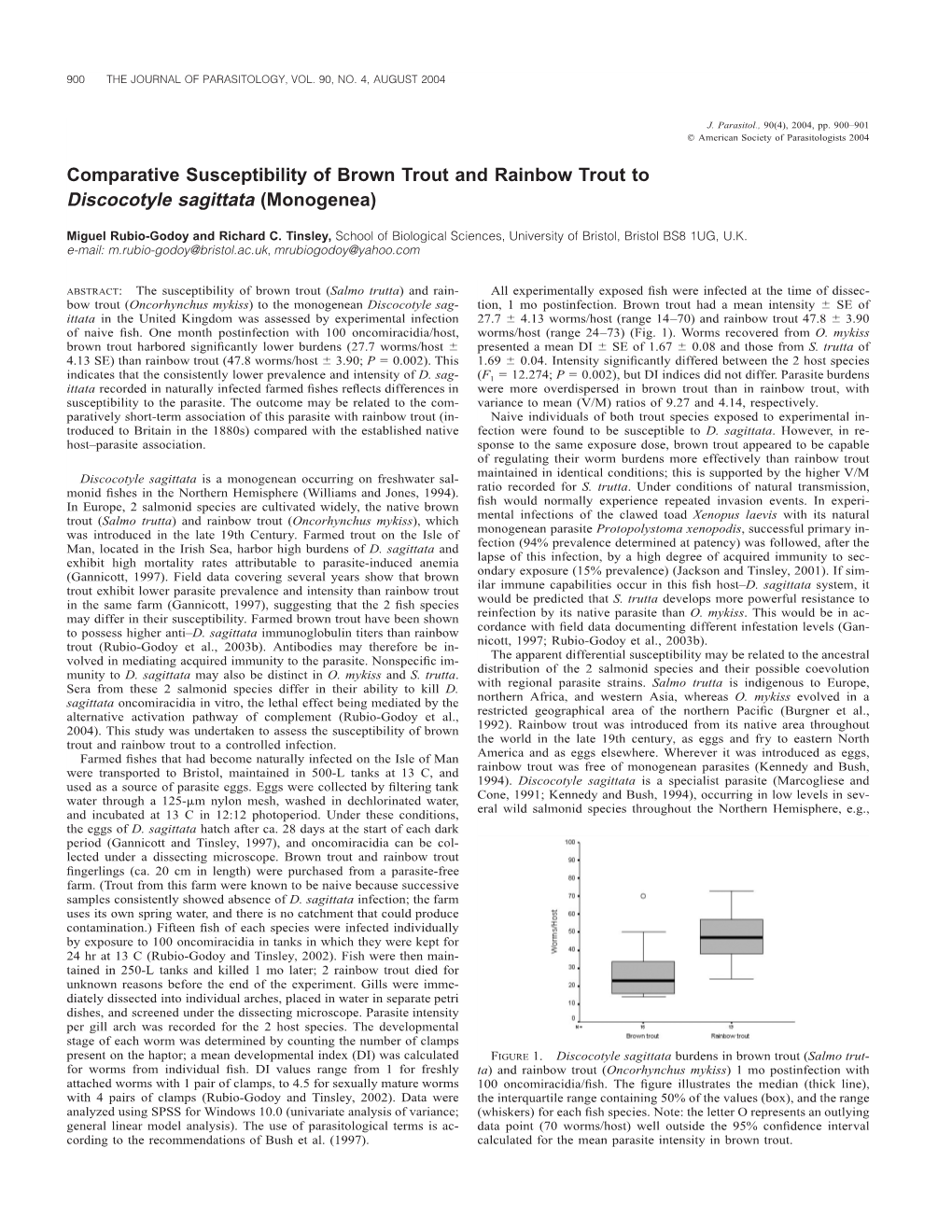 Comparative Susceptibility of Brown Trout and Rainbow Trout to Discocotyle Sagittata (Monogenea)
