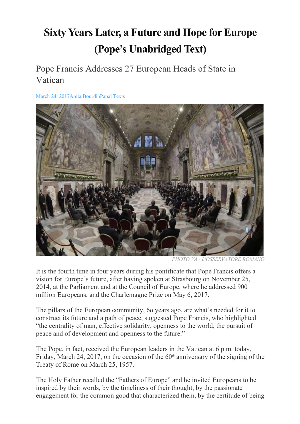 Sixty Years Later, a Future and Hope for Europe (Pope's Unabridged Text)