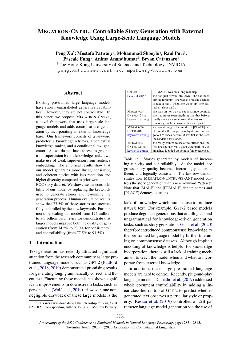 MEGATRON-CNTRL: Controllable Story Generation with External Knowledge Using Large-Scale Language Models