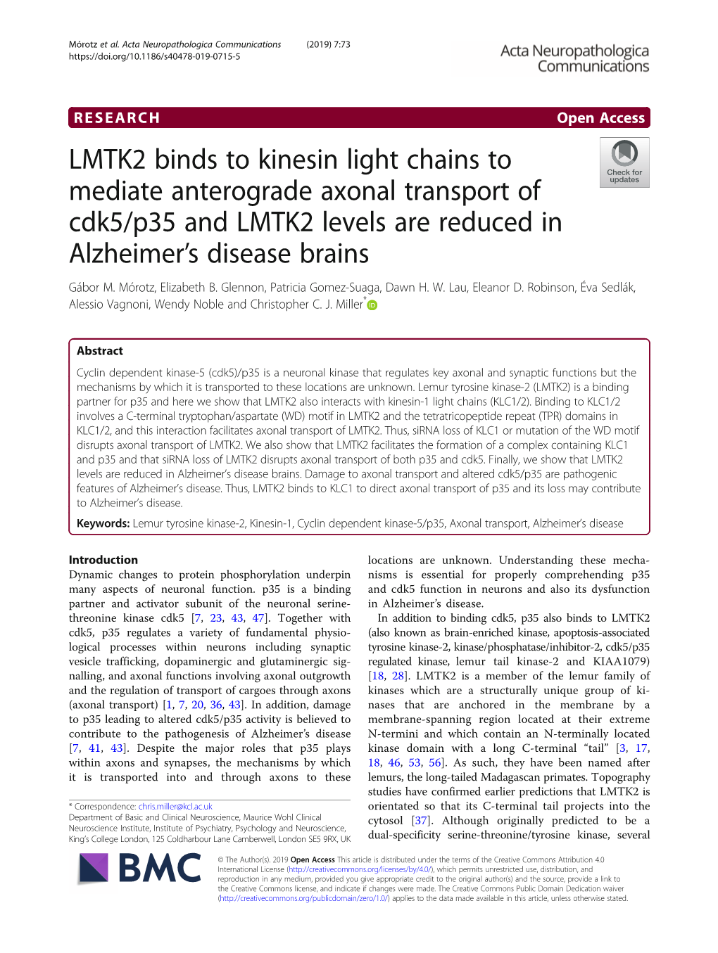 LMTK2 Binds to Kinesin Light Chains to Mediate Anterograde Axonal Transport of Cdk5/P35 and LMTK2 Levels Are Reduced in Alzheimer’S Disease Brains Gábor M