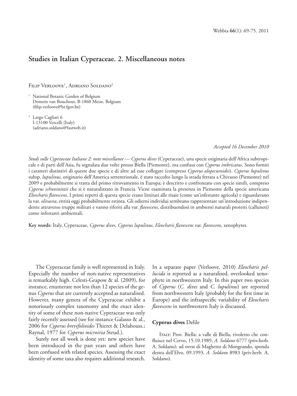 Studies in Italian Cyperaceae. 2. Miscellaneous Notes