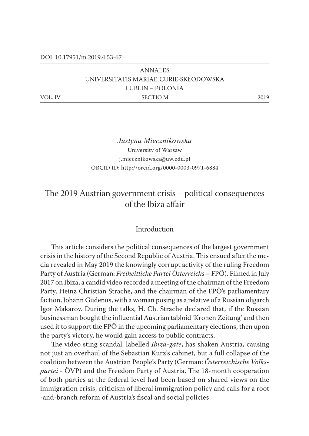 The 2019 Austrian Government Crisis – Political Consequences of the Ibiza Affair