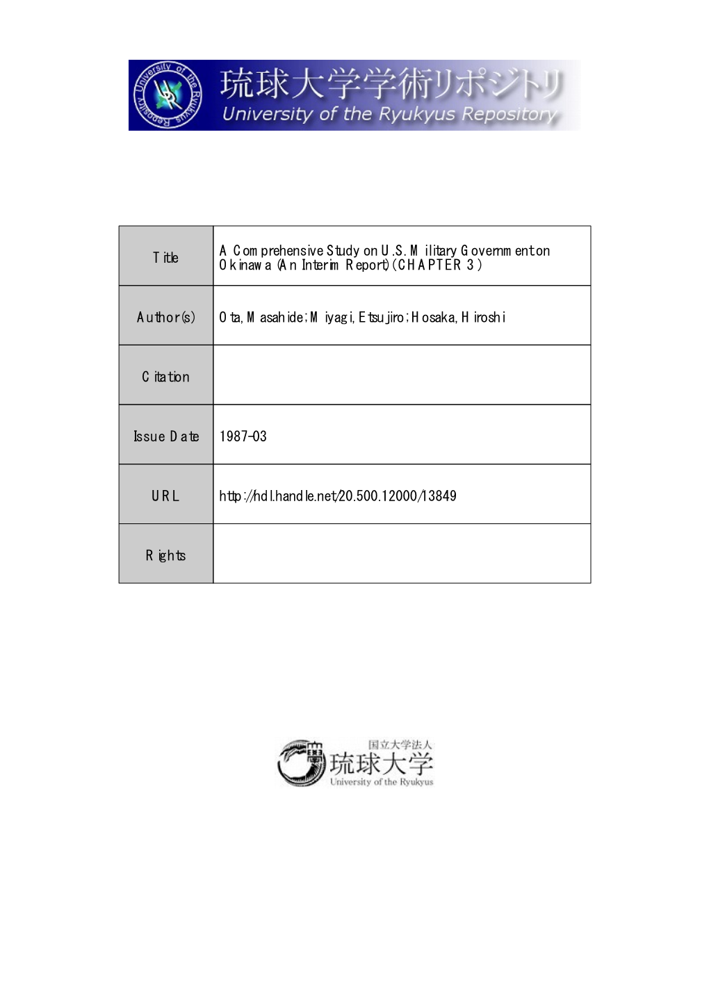 Title a Comprehensive Study on U.S. Military Government on Okinawa