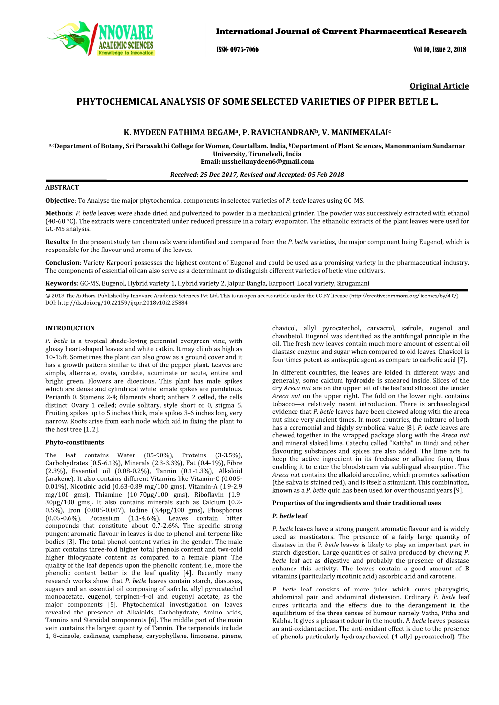 Phytochemical Analysis of Some Selected Varieties of Piper Betle L