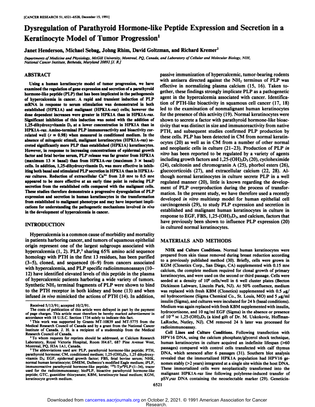 Dysregulation of Parathyroid Hormone-Like Peptide Expression and Secretion in a Keratinocyte Model of Tumor Progression1