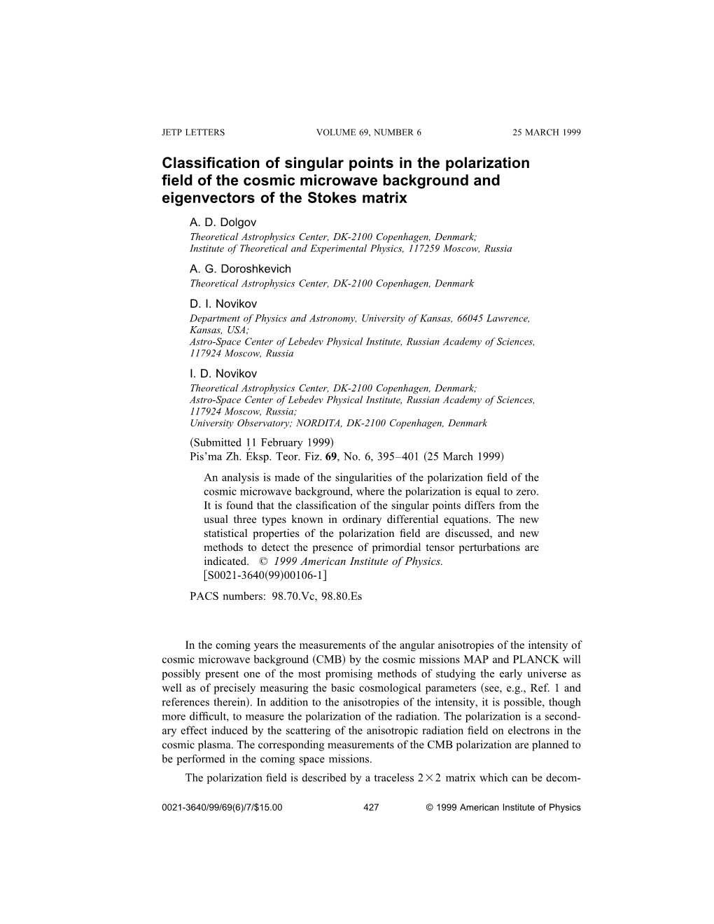 Classification of Singular Points in the Polarization Field of the Cosmic