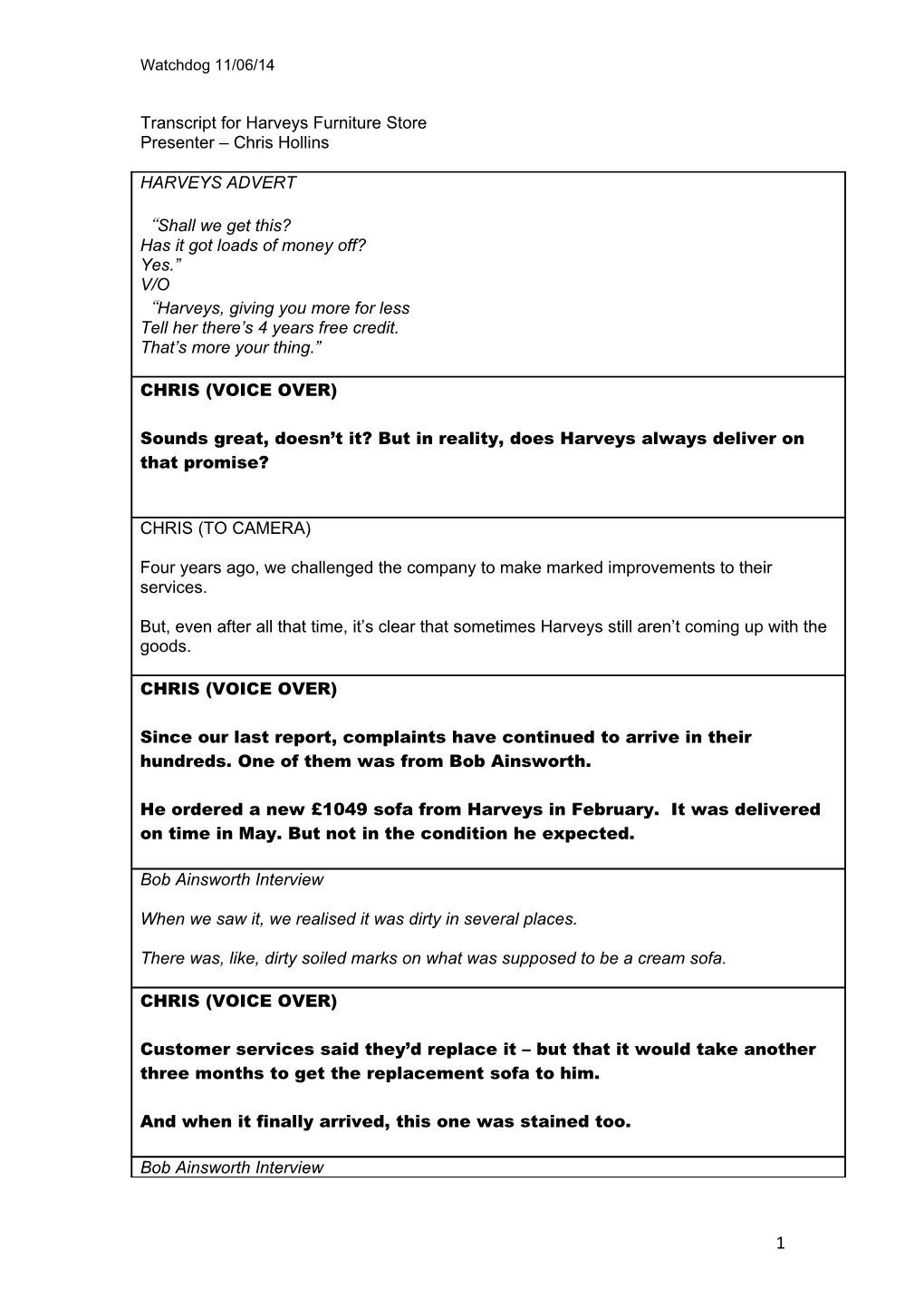 Transcript for Harveys Furniture Store Presenter Chris Hollins