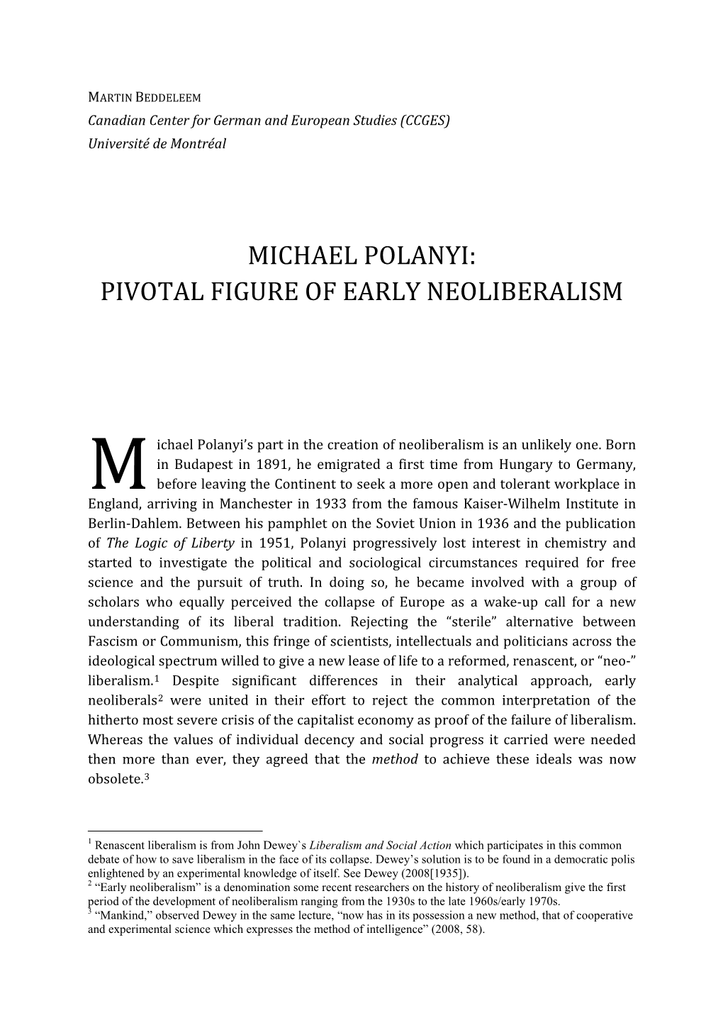 Michael Polanyi: Pivotal Figure of Early Neoliberalism