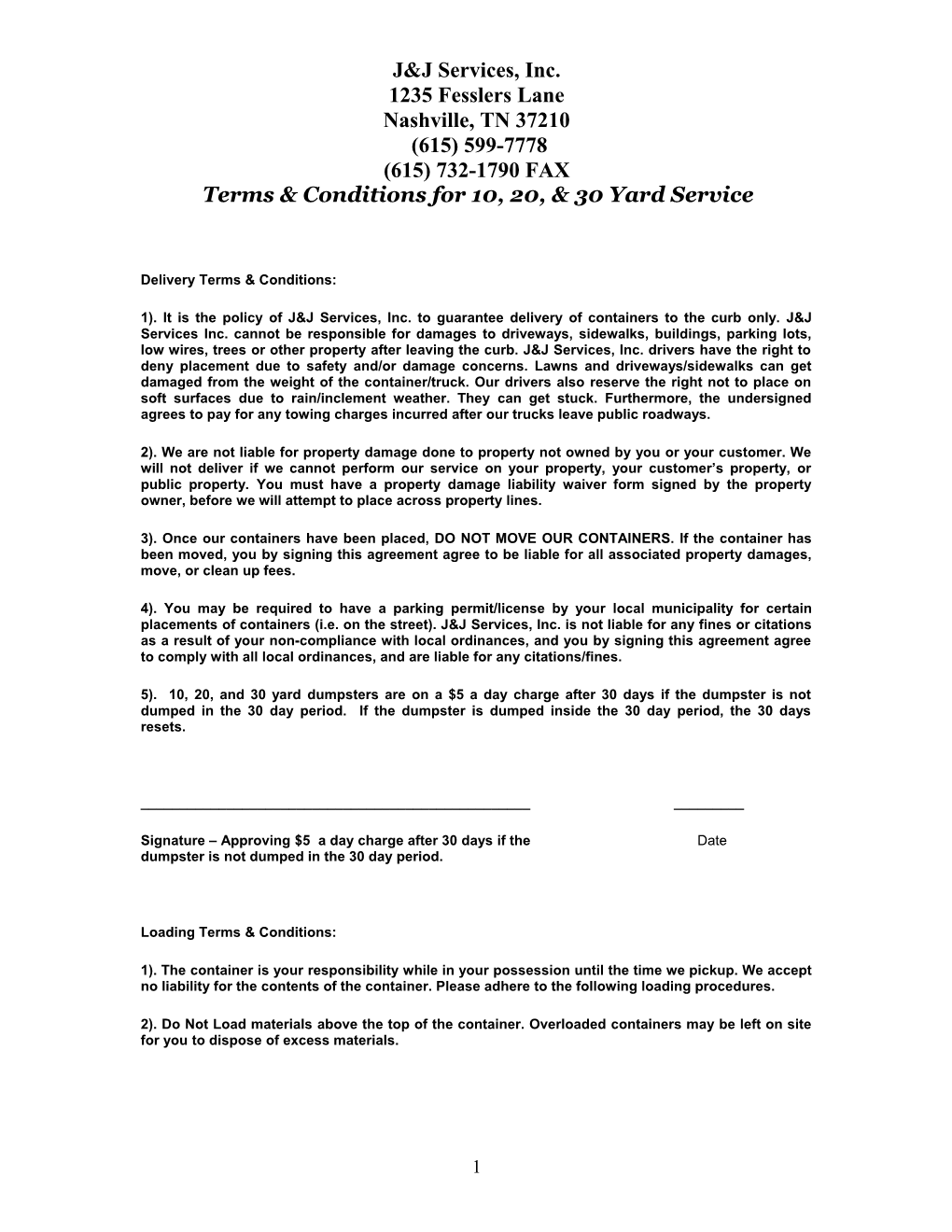 Terms & Conditions for 10, 20, & 30 Yard Service