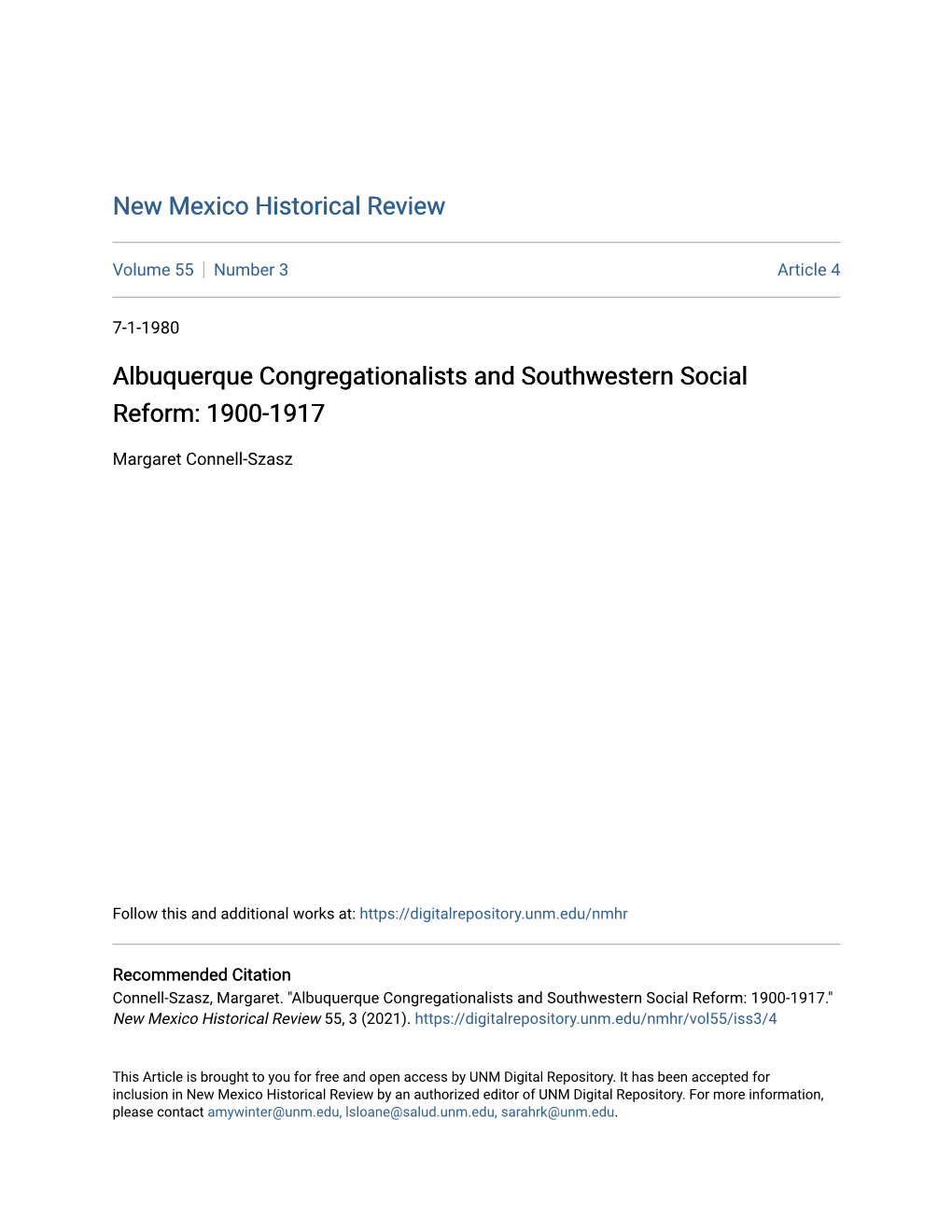 Albuquerque Congregationalists and Southwestern Social Reform: 1900-1917