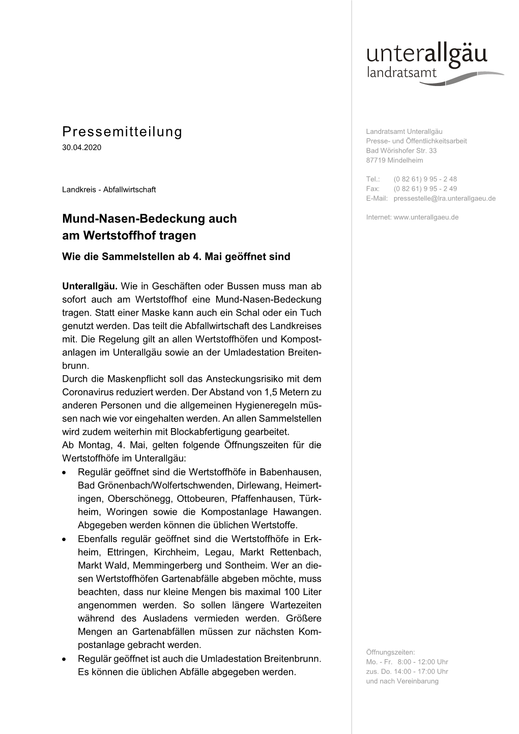 Pressemitteilung Landratsamt Unterallgäu Presse- Und Öffentlichkeitsarbeit 30.04.2020 Bad Wörishofer Str