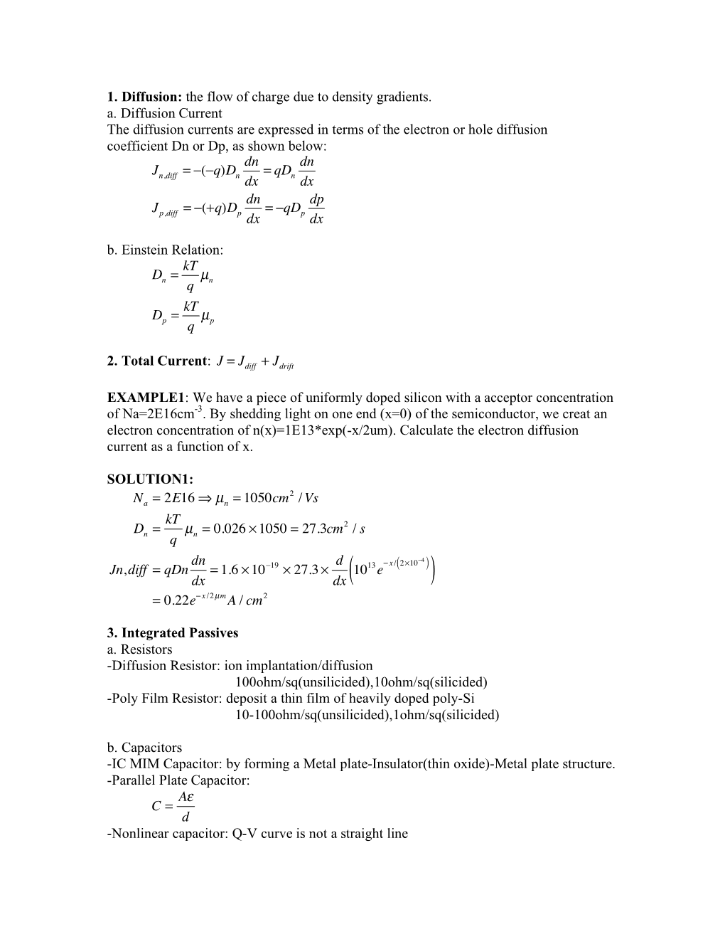 1. Diffusion: the Flow of Charge Due to Density Gradients