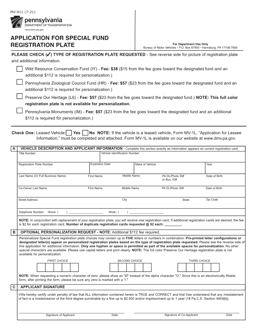 Application for Special Fund Registration Plate