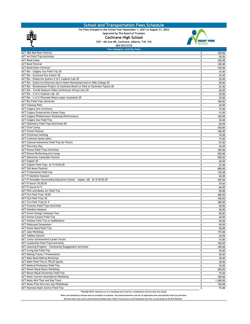 School and Transportation Fees Schedule