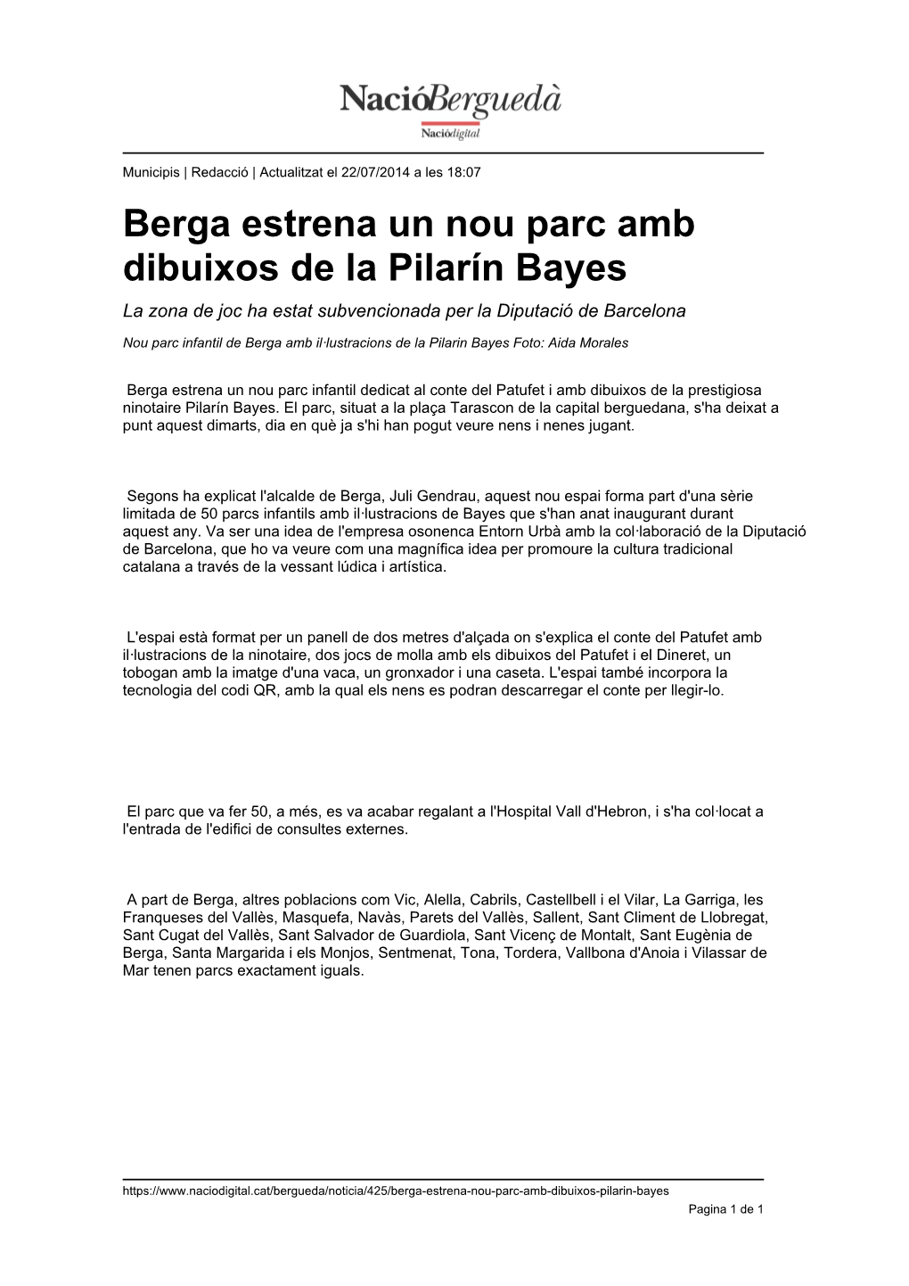 Berga Estrena Un Nou Parc Amb Dibuixos De La Pilarín Bayes La Zona De Joc Ha Estat Subvencionada Per La Diputació De Barcelona