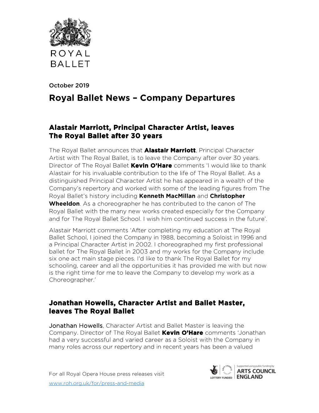 Royal Ballet News – Company Departures