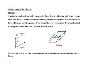 Surface Area of 3-D Objects: Prisms: a Prism Is a Polyhedron with Two Opposite Faces That Are Identical Polygonal Regions Called the Bases
