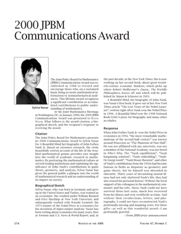 2000 JPBM Communications Award, Volume 47, Number 5