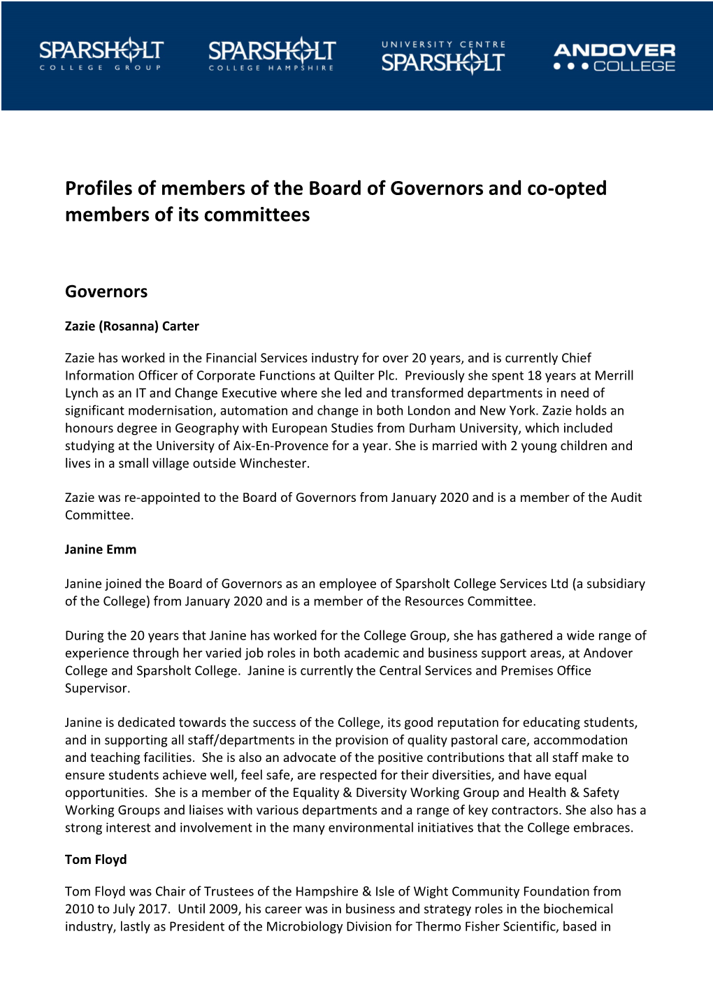 Profiles of Members of the Board of Governors and Co-Opted Members of Its Committees