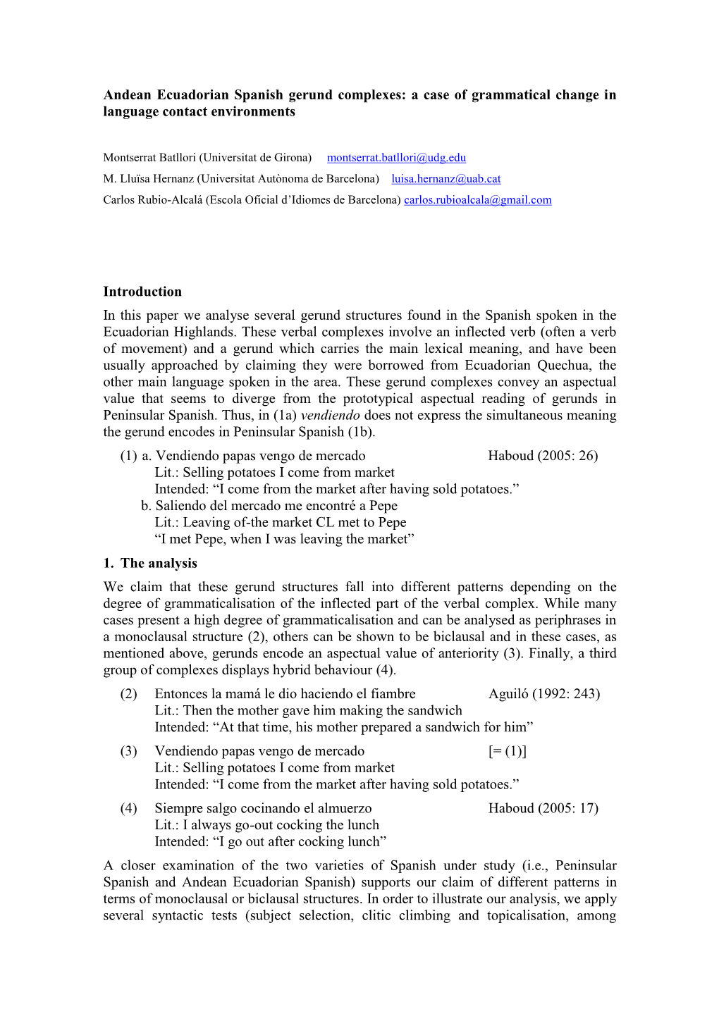 Andean Ecuadorian Spanish Gerund Complexes: a Case of Grammatical Change in Language Contact Environments