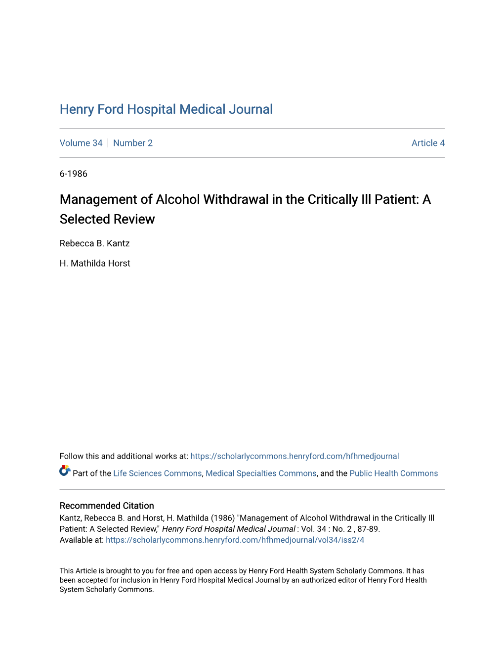 Management of Alcohol Withdrawal in the Critically Ill Patient: a Selected Review