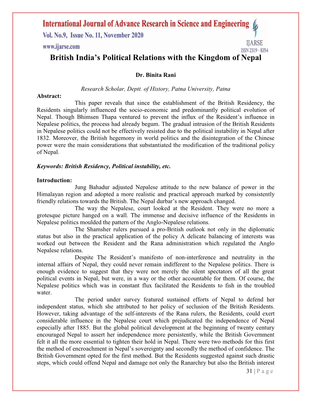 British India's Political Relations with the Kingdom of Nepal