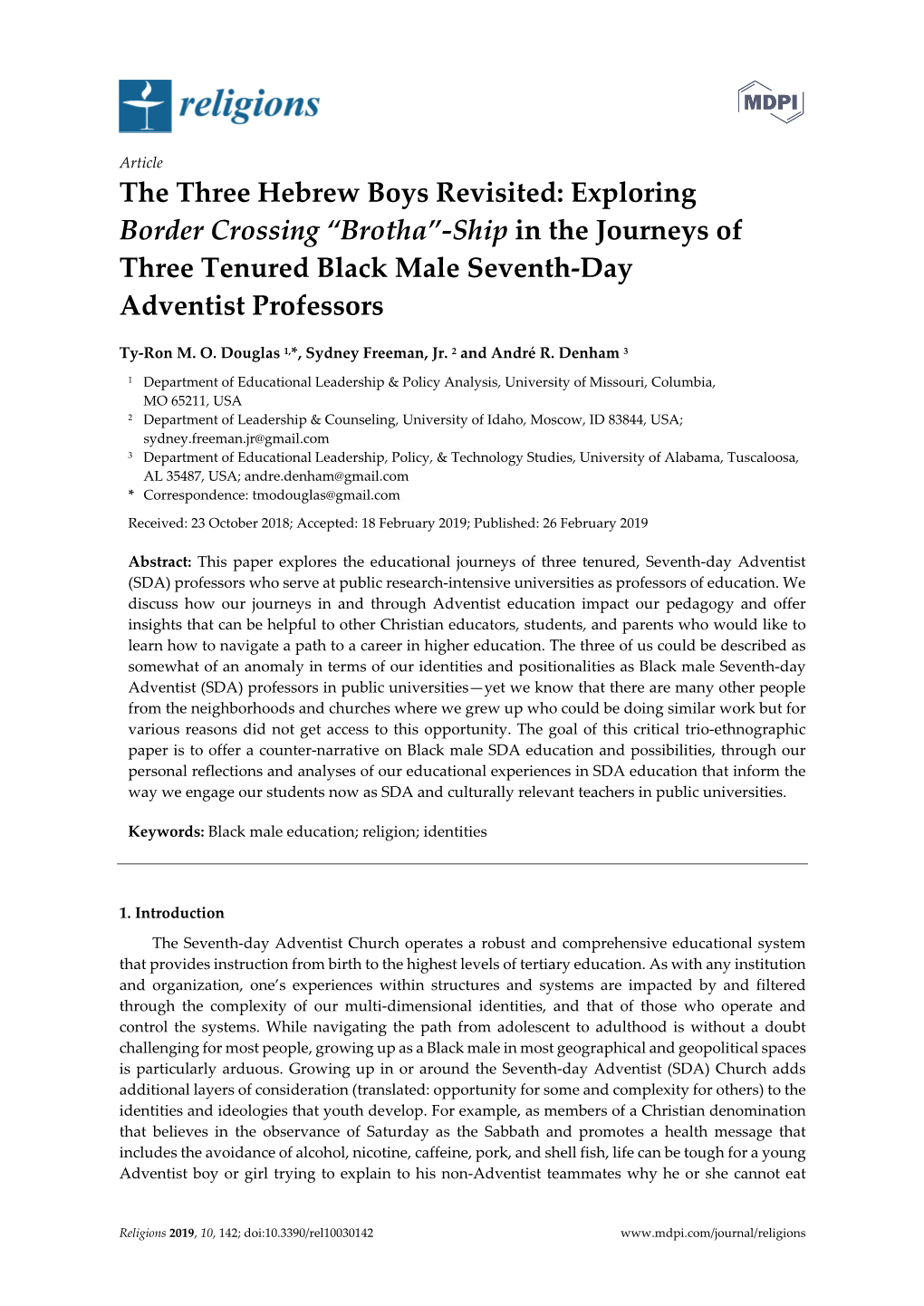 The Three Hebrew Boys Revisited: Exploring Border Crossing “Brotha”-Ship in the Journeys of Three Tenured Black Male Seventh-Day Adventist Professors