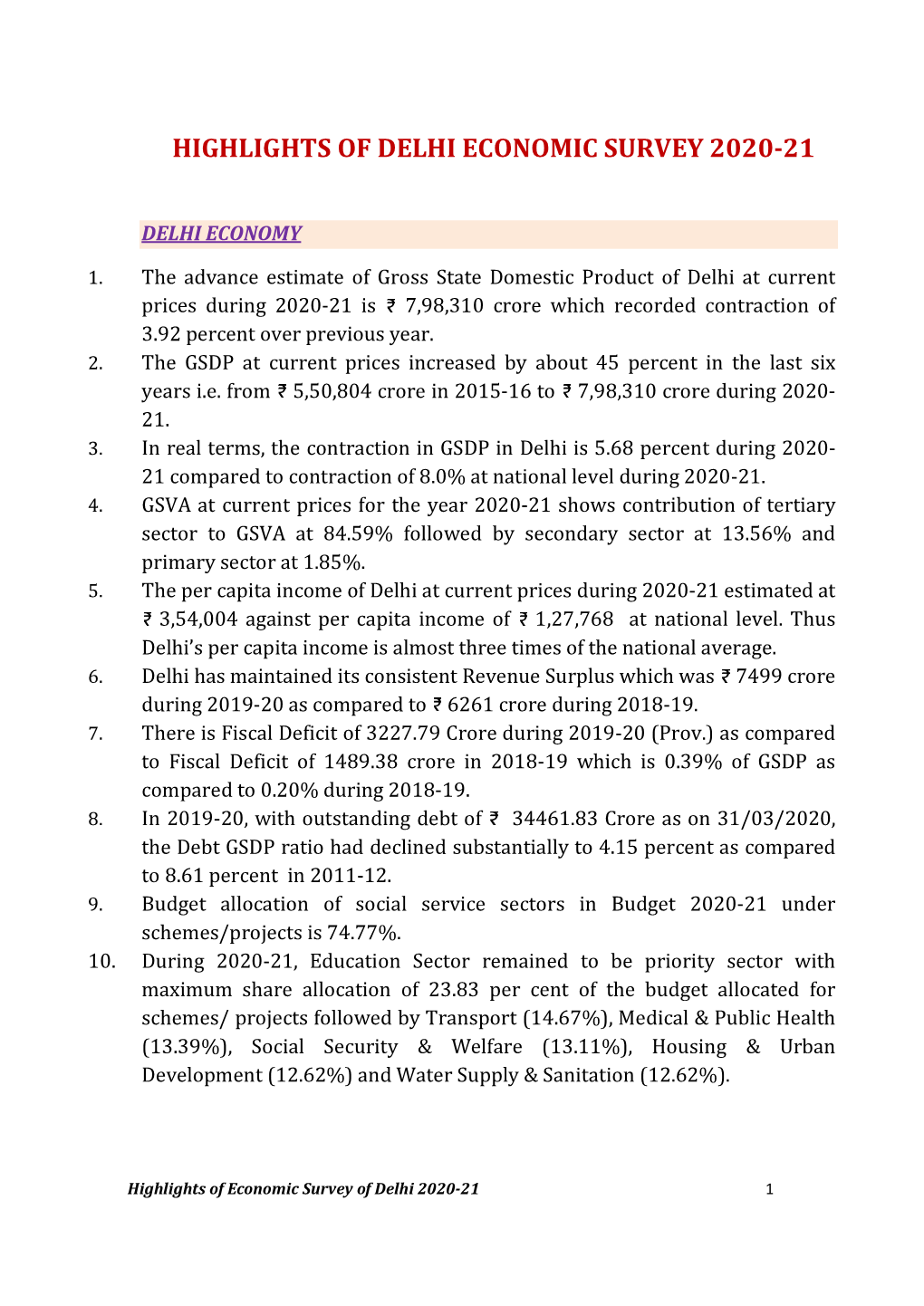 Highlights of Economic Survey 2020-21