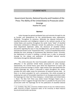 STUDENT NOTE Government Secrets, National Security and Freedom Of