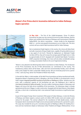 Alstom's First Prima Electric Locomotive Delivered to Indian Railways Begins
