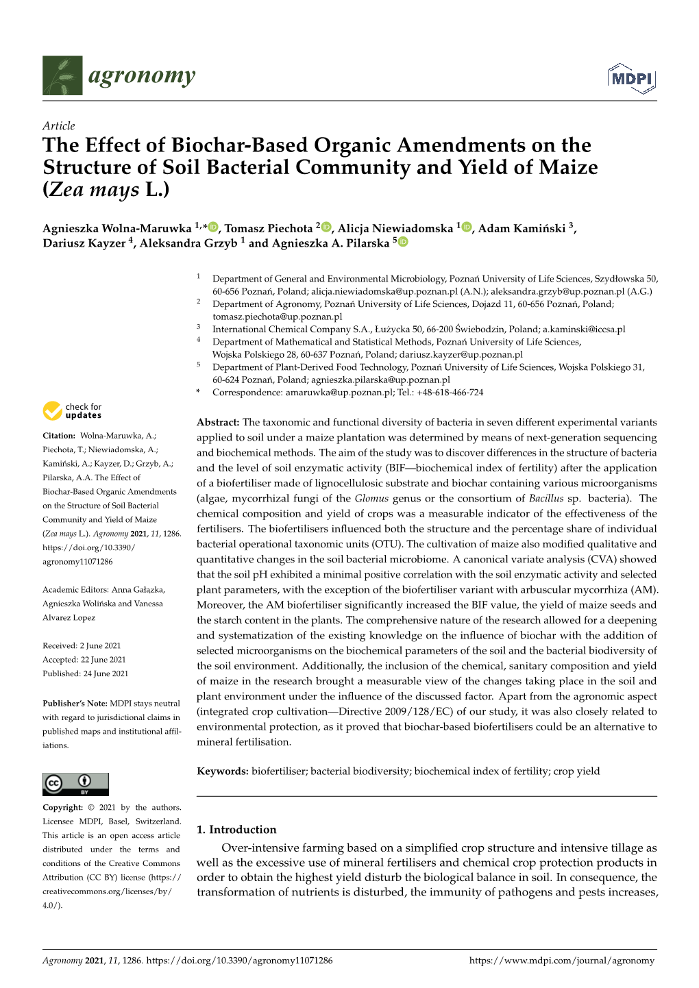 The Effect of Biochar-Based Organic Amendments on the Structure of Soil Bacterial Community and Yield of Maize (Zea Mays L.)