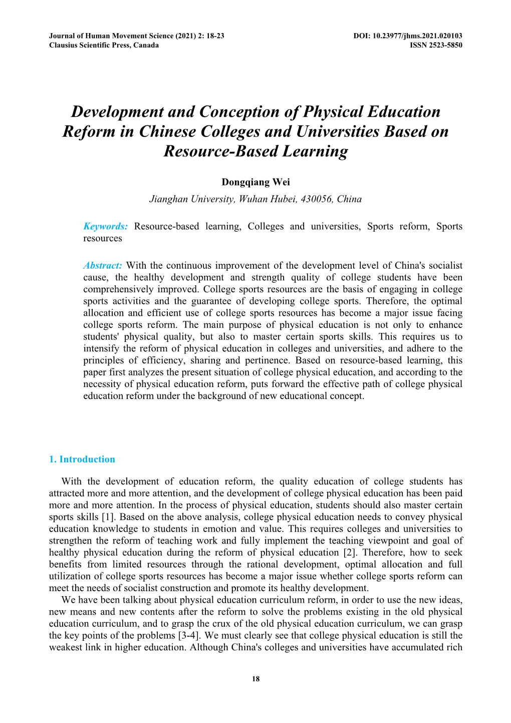 Development and Conception of Physical Education Reform in Chinese Colleges and Universities Based on Resource-Based Learning