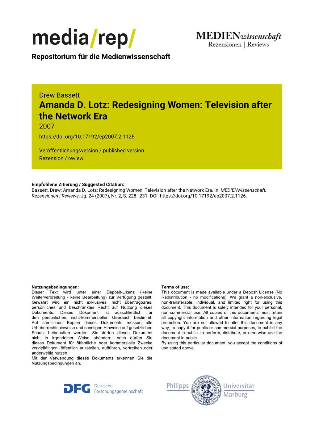 Amanda D. Lotz: Redesigning Women: Television After the Network Era 2007
