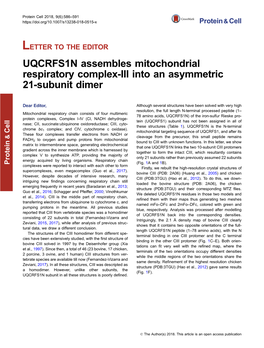 UQCRFS1N Assembles Mitochondrial Respiratory Complex-III Into an Asymmetric 21-Subunit Dimer