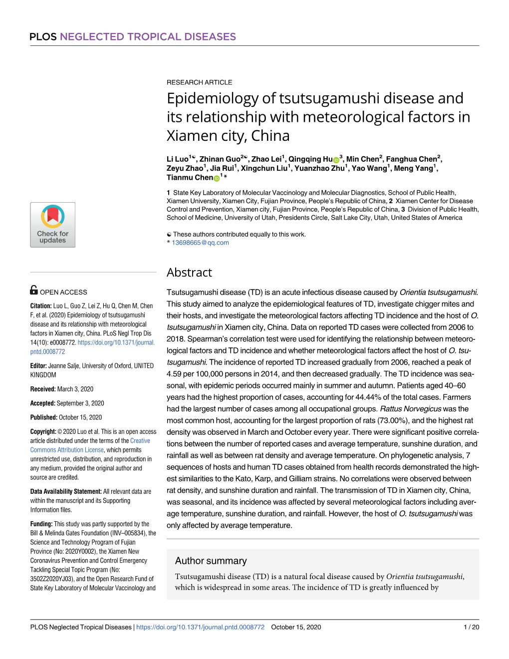 Epidemiology of Tsutsugamushi Disease and Its Relationship with Meteorological Factors in Xiamen City, China