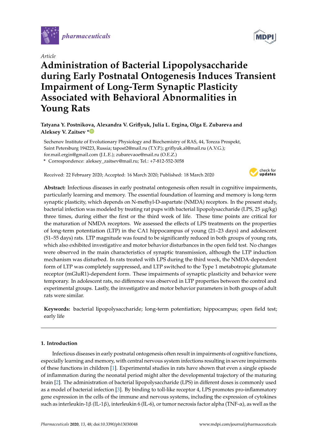 Administration of Bacterial Lipopolysaccharide During Early Postnatal Ontogenesis Induces Transient Impairment of Long-Term Syna