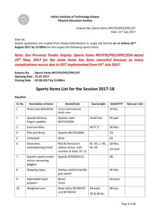 Sports Items List for the Session 2017-18