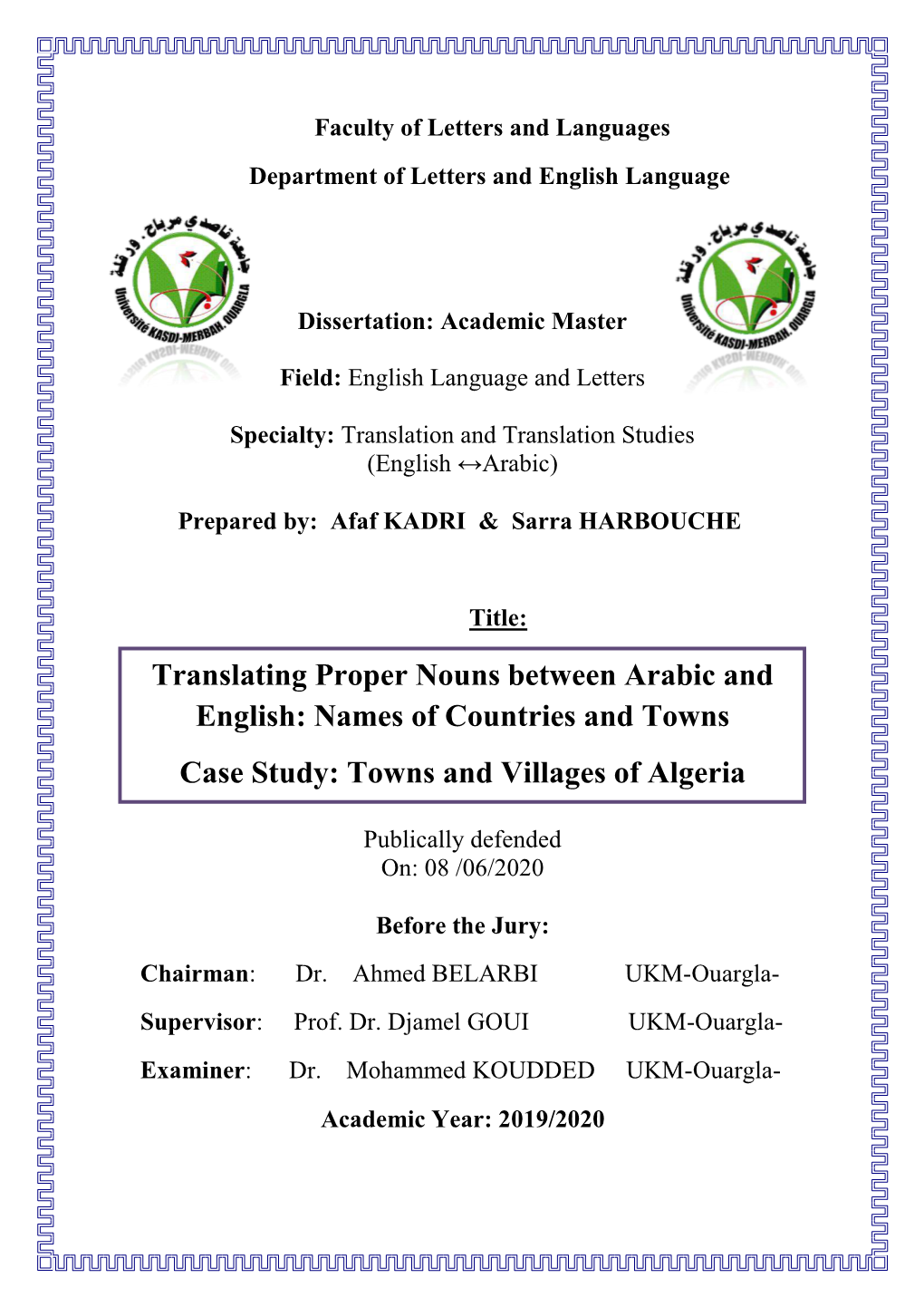 Translating Proper Nouns Between Arabic and English: Names Of