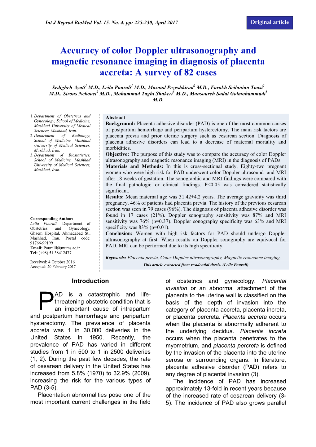 Accuracy of Color Doppler Ultrasonography and Magnetic Resonance Imaging in Diagnosis of Placenta Accreta: a Survey of 82 Cases