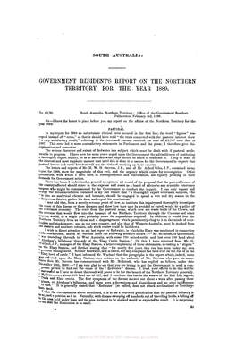 Government Residents Report on Northern Territory for the Year 1889