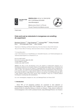 Coke and Coal As Reductants in Manganese Ore Smelting: an Experiment