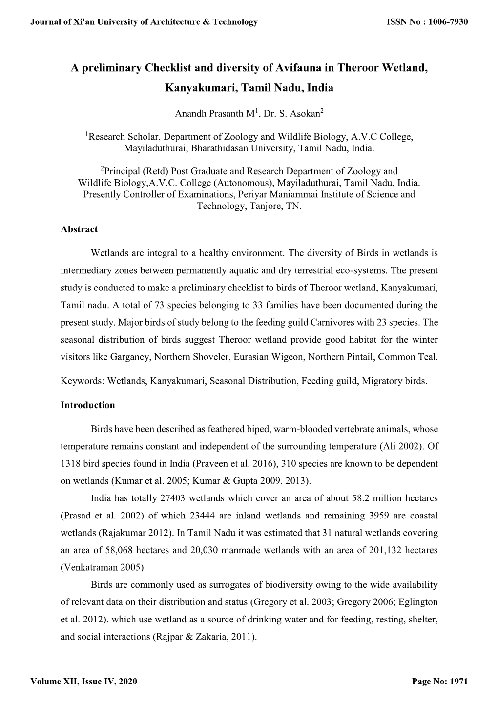 A Preliminary Checklist and Diversity of Avifauna in Theroor Wetland, Kanyakumari, Tamil Nadu, India