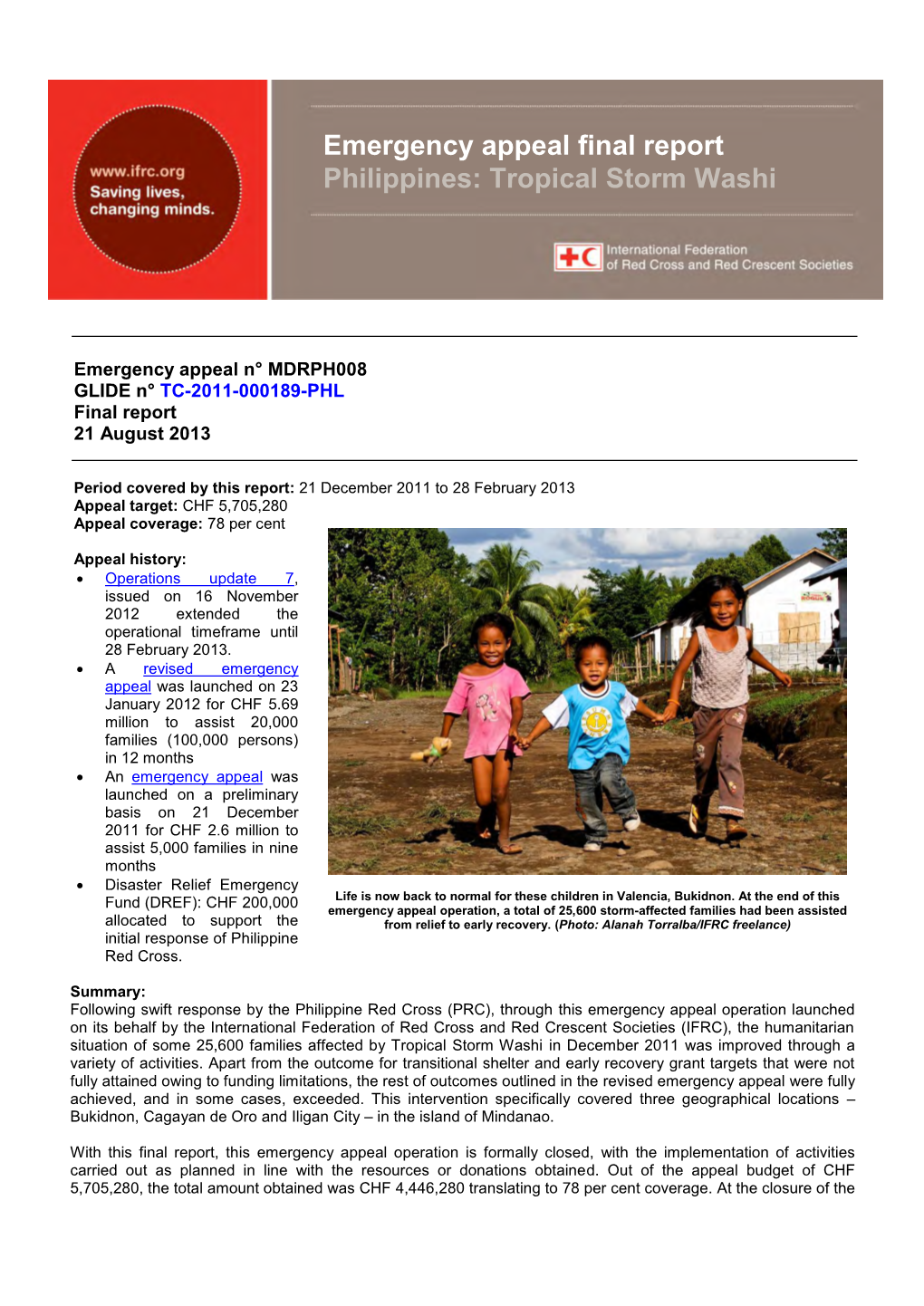 Emergency Appeal Final Report Philippines: Tropical Storm Washi