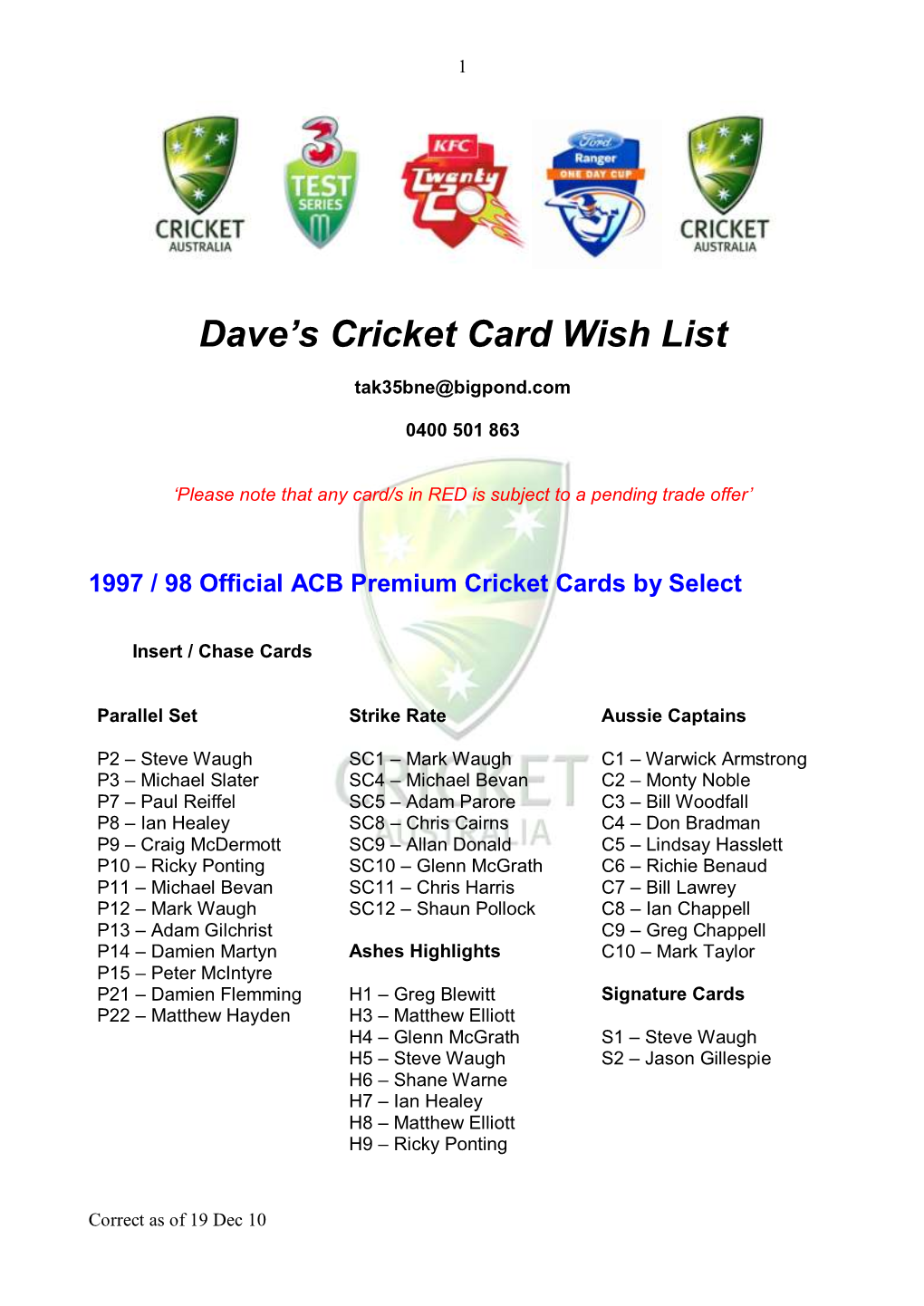 Dave's Cricket Card Wish List