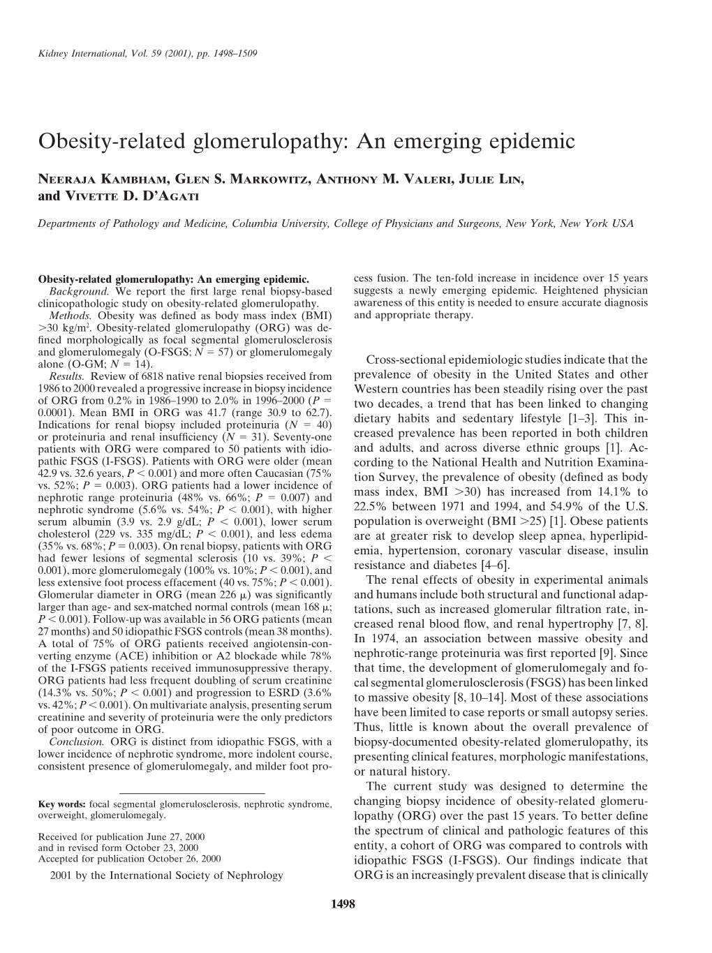 Obesity-Related Glomerulopathy: an Emerging Epidemic