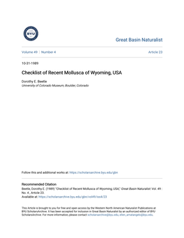 Checklist of Recent Mollusca of Wyoming, USA