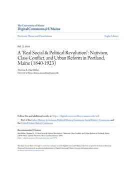 Nativism, Class Conflict, and Urban Reform in Portland, Maine (1840-1923) Thomas R