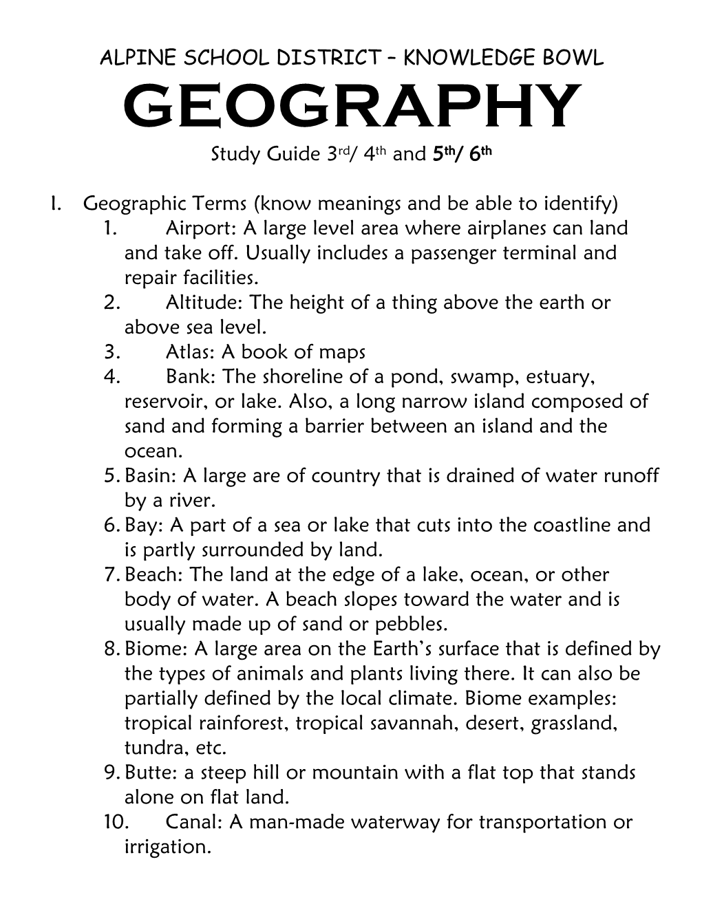 GEOGRAPHY Study Guide 3Rd/ 4Th and 5Th/ 6Th