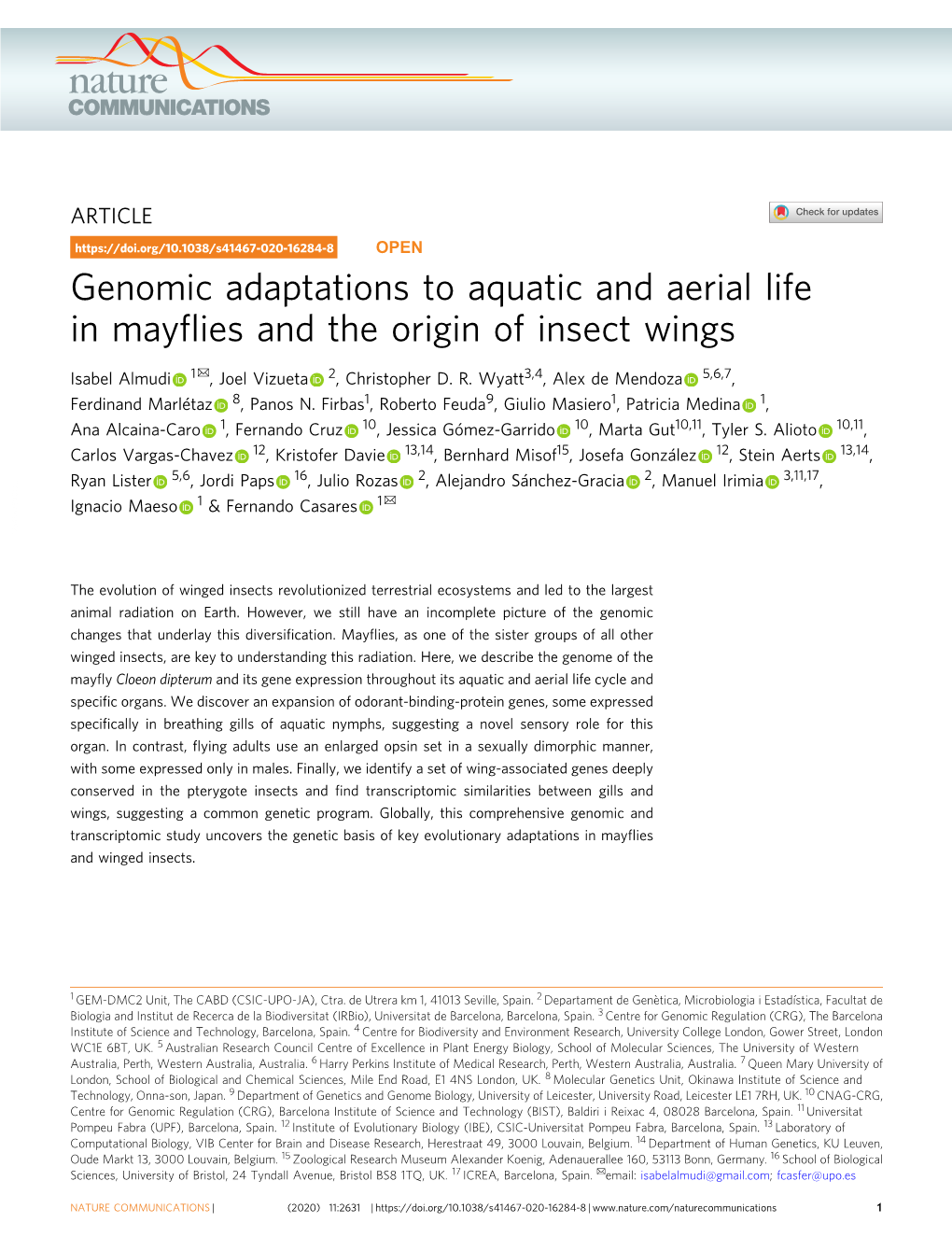 Genomic Adaptations to Aquatic and Aerial Life in Mayflies and the Origin of Insect Wings
