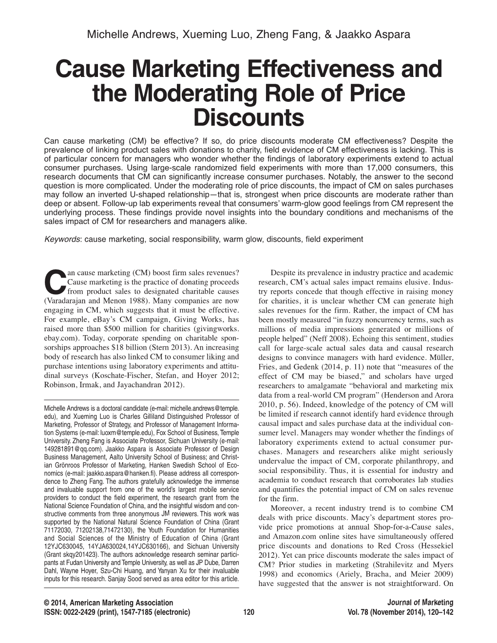 Cause Marketing Effectiveness and the Moderating Role of Price